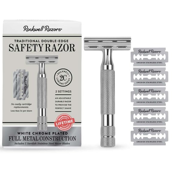 Rockwell Razors 2C Adjustable Double Edge Safety Razor for Men with 5 Razor Blades, White Chrome