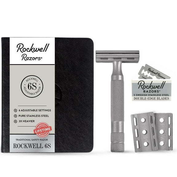 Rockwell Razors 6S Stainless Steel Adjustable Safety Razor for Men with 5 Razor Blades, Matte Silver