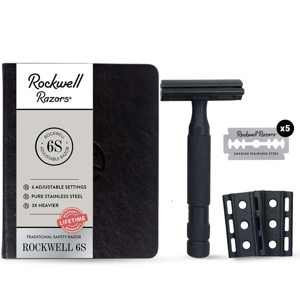 Rockwell Razors 6S Stainless Steel Adjustable Safety Razor for Men with 5 Razor Blades, Matte Black