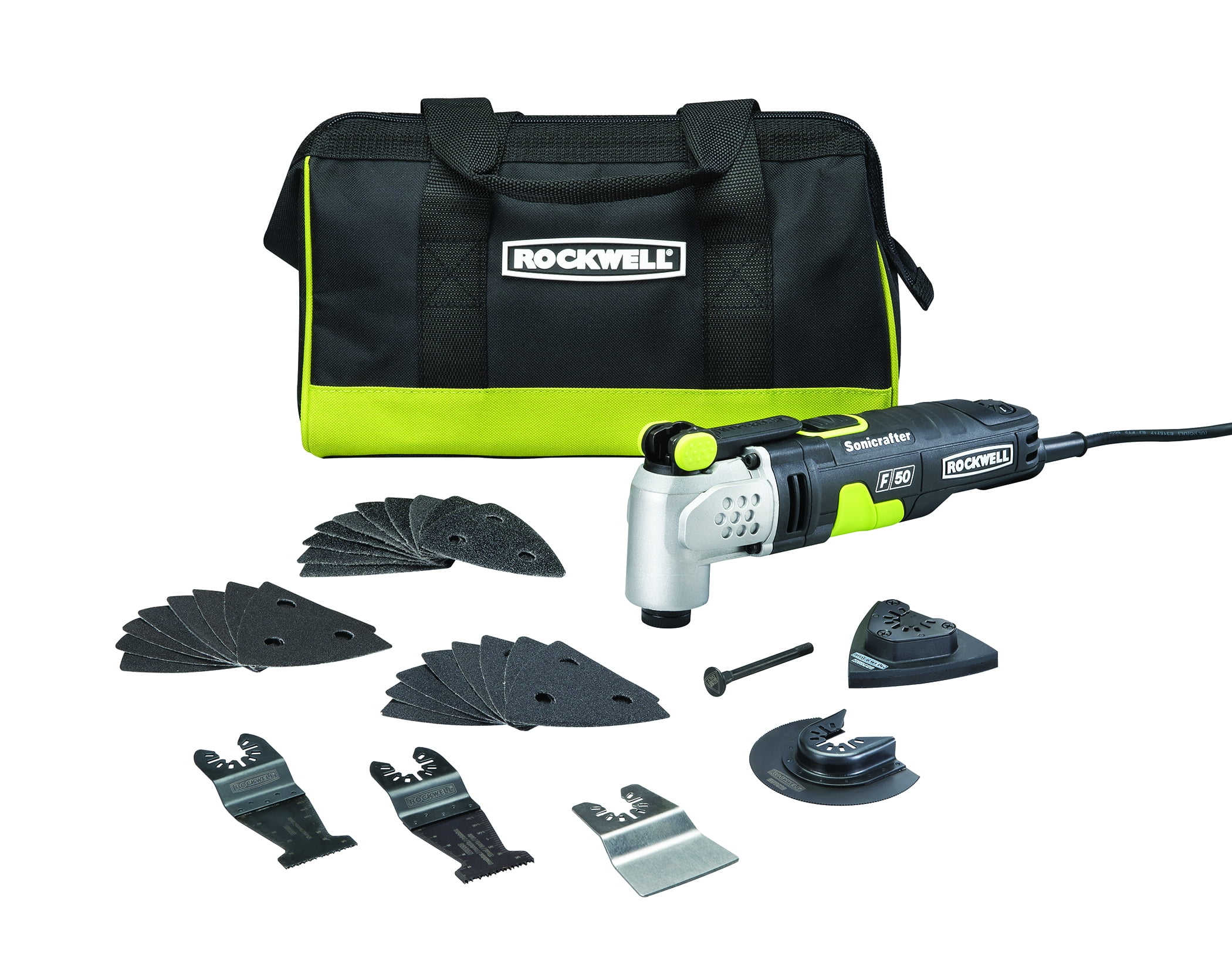Rockwell RK5142K Sonicrafter F50 4.0 Amp Oscillating Multi-Tool 33-Piece Kit with Bag, Variable Speed, Hyperlock Clamping, Low Vibration and Universal Rockwell RK5142K Sonicrafter F50 4.0 Amp Oscillating Multi-Tool 33-Piece Kit with Bag, Variable Speed, Hyperlock Clamping, Low Vibration and Universal
