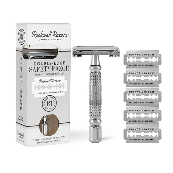 Rockwell Razors R1 Double Edge Safety Razor for Men with 5 Razor Blades, White Chrome