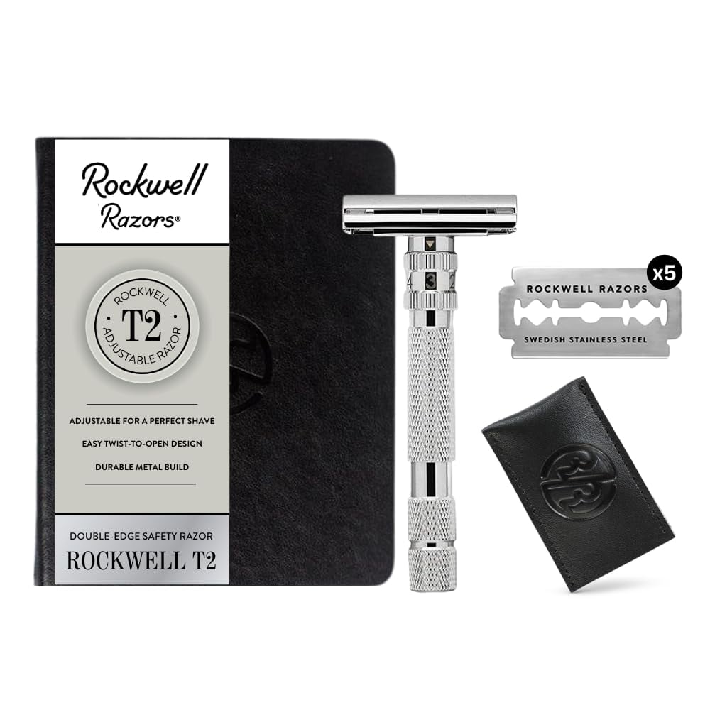 Rockwell Razors T2 Adjustable Safety Razor for Men with 5 Razor Blades, White Chrome