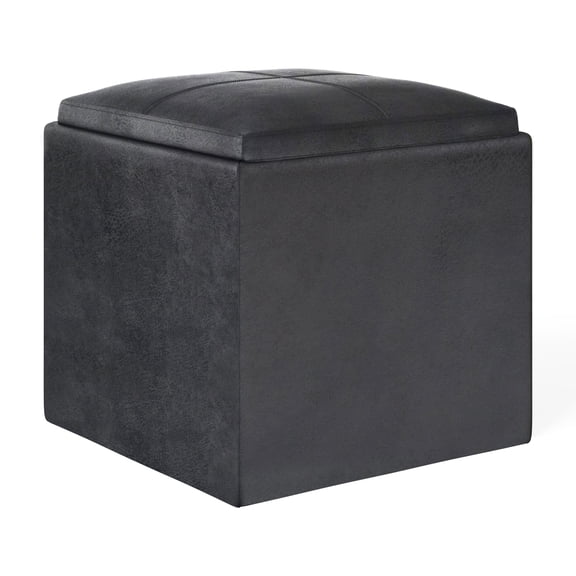 Rockwood 17 inch Wide Cube Storage Ottoman with Tray in Distressed Black Vegan Leather