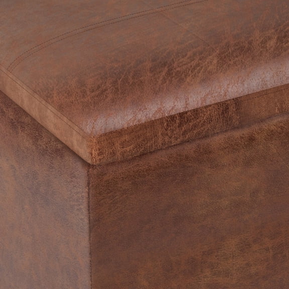 Rockwood 17 inch Wide Cube Storage Ottoman with Tray in Distressed Saddle Brown Vegan Leather