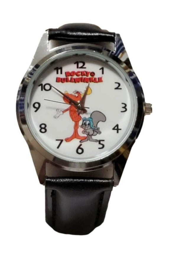 Rocky And Bullwinkle Cartoon Characters Black Leather Band Wrist Watch