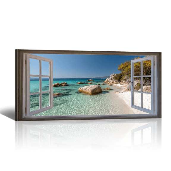 Rocky Beach Canvas Wall Art - Oversized Open Window Canvas Prints with Turquoise Ocean Landscape Paintings, Natural Wonder Horizontal Artwork for Home Decor,40x20"
