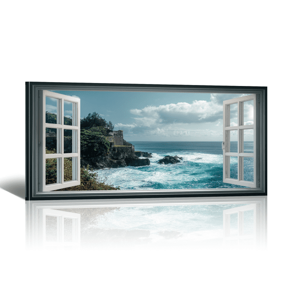 Rocky Beach Canvas Wall Art - Oversized Open Window Canvas Prints with Turquoise Ocean Landscape Paintings, Natural Wonder Horizontal Artwork for Home Decor,48×24"