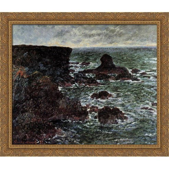 Rocky Coast and the Lion Rock, Belle-Ile 34x28 Large Gold Ornate Wood Framed Canvas Art by Claude Monet