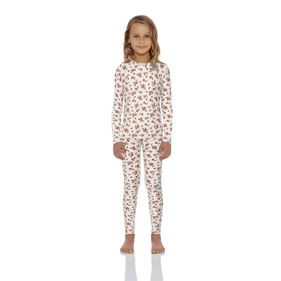 Rocky Girls Thermal Underwear Top & Bottom Set Long Johns for Kids, Floral Design XS