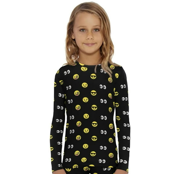 Rocky Kids Thermal Underwear Shirt for Girls Base Layer Long Johns, Black Emoji Small