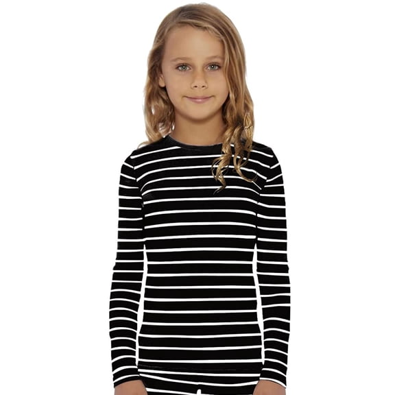 Rocky Kids Thermal Underwear Shirt for Girls Base Layer Long Johns, Black Striped Small