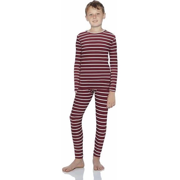 Rocky Kids Thermal Underwear Top & Bottom Set Long Johns for Boys, Burgundy Striped XL