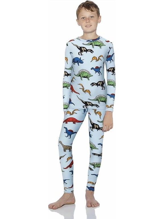 Kids Thermal Underwear Top & Bottom Set Long Johns for Boys, Dinosaur Design XL