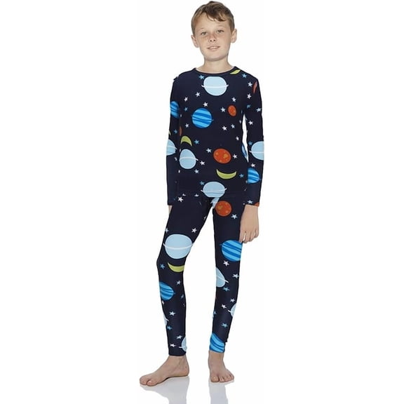 Rocky Kids Thermal Underwear Top & Bottom Set Long Johns for Boys, Space Design Small