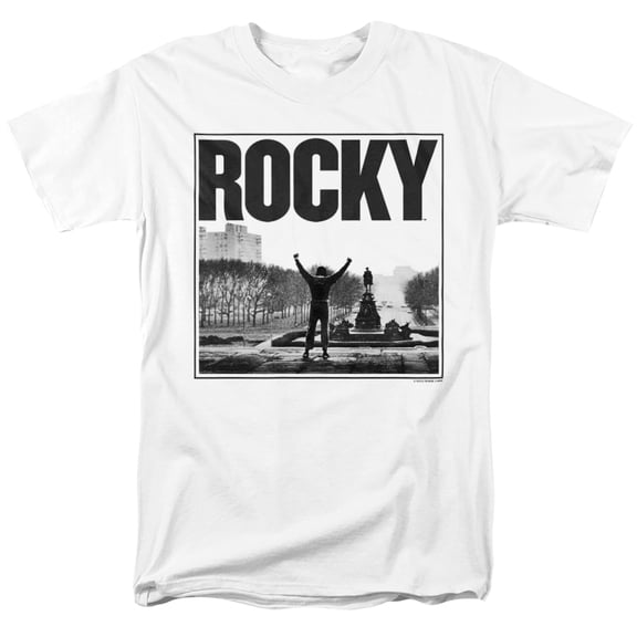 Rocky Logo Top of The Stairs Unisex Adult T Shirt (3X-Large) White