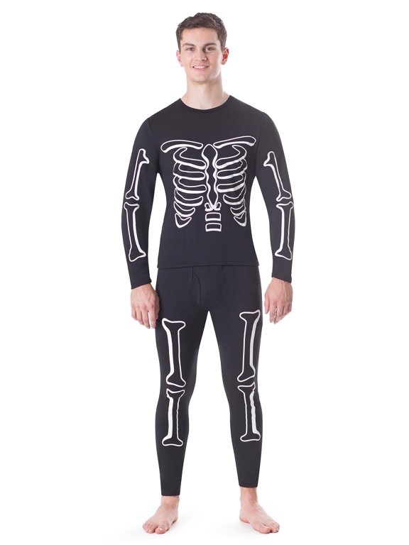 Men’s Thermal Underwear Set Insulated Top & Bottom Base Layer For Cold Weather, Glow in the Dark Skeleton Medium