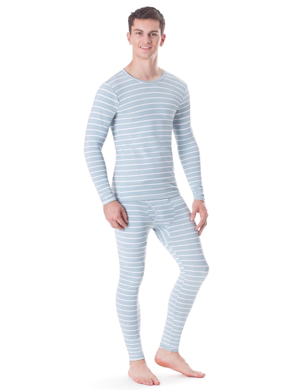 Men’s Thermal Underwear Set Insulated Top & Bottom Base Layer For Cold Weather, Seafoam Striped XL