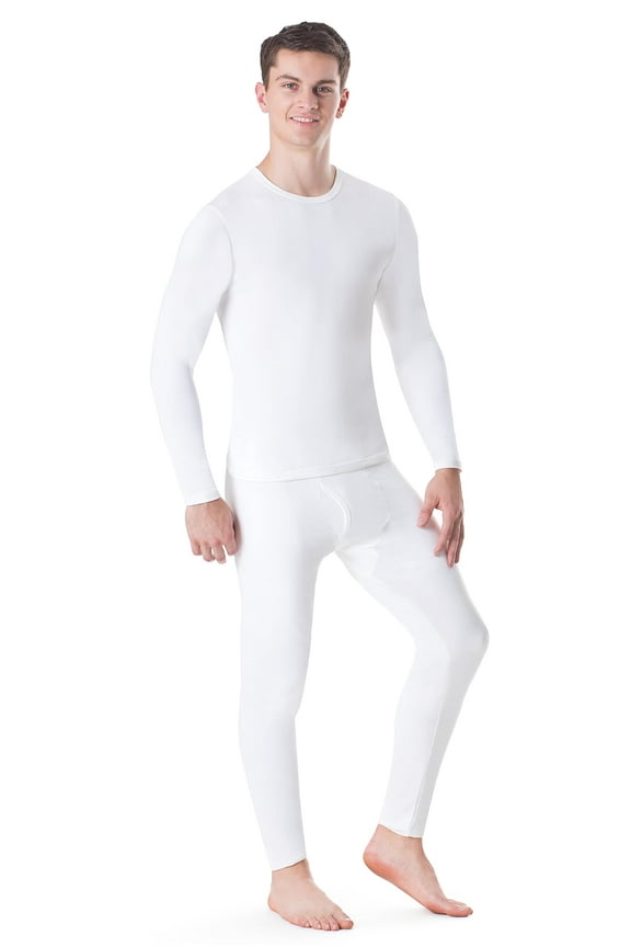 Men’s Thermal Underwear Set Insulated Top & Bottom Base Layer For Cold Weather, White Medium
