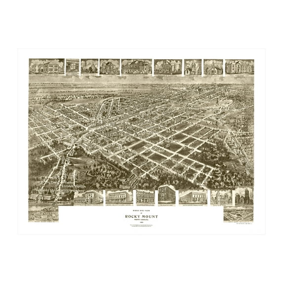 Rocky Mount Art, 1907 Vintage Map of Rocky Mount North Carolina, NC History Wall Decor Gift, Old Rocky Mount Map - 24" x 18" Unframed Print