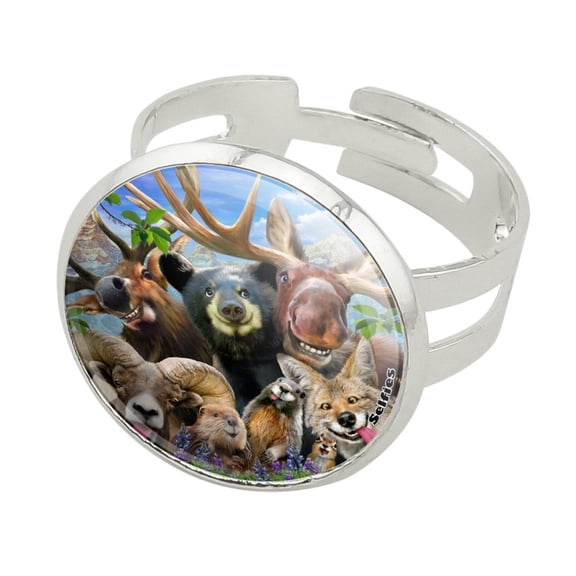 Rocky Mountain Animals Selfie Bear Moose Elk Ram Beaver Fox Silver Plated Adjustable Novelty Ring