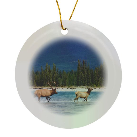 3drose, Rocky Mountain Bull Elk Chasing Cow, Circle Porcelain Ornament