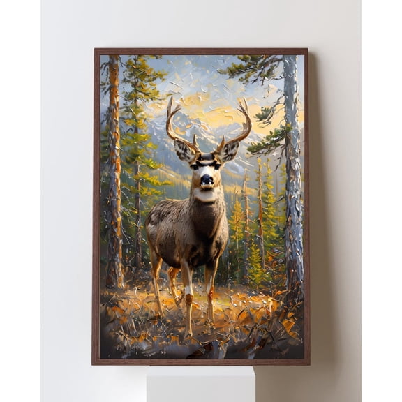 Rocky Mountain Mule Deer Art Poster - Autumn Wildlife Wall Decor, Emotional Animal Portrait, Impasto Forest For Rustic Spaces, Unframed Poster Size 24x36