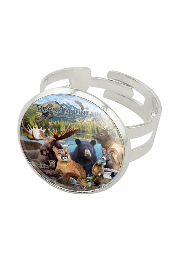 Rocky Mountain National Park Animals Moose Cougar Bear Beaver Elk Silver Plated Adjustable Novelty Ring
