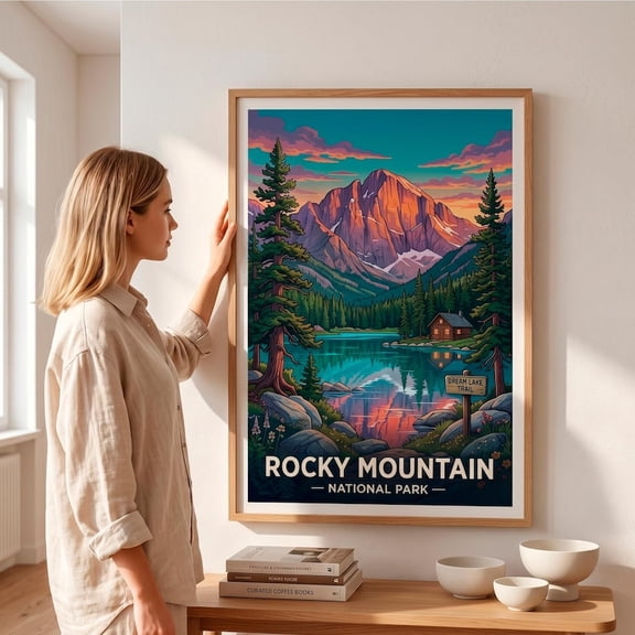 Rocky Mountain National Park Poster, Colorado Travel Print, Vintage Nature Wall Art, Dream Lake Retro Illustration, Mountain Cabin Decor