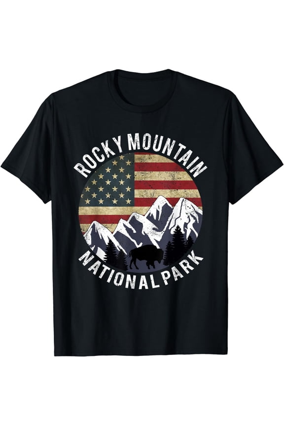 Rocky Mountain National Park T-Shirt Vintage USA Flag Bison Retro Hiking Outdoor Adventure Colorado Souvenir Tee for Men Women