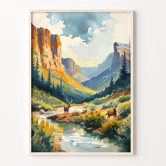 Rocky Mountain National Park Watercolor Poster Deer Landscape Wall Art , Poster Print Only