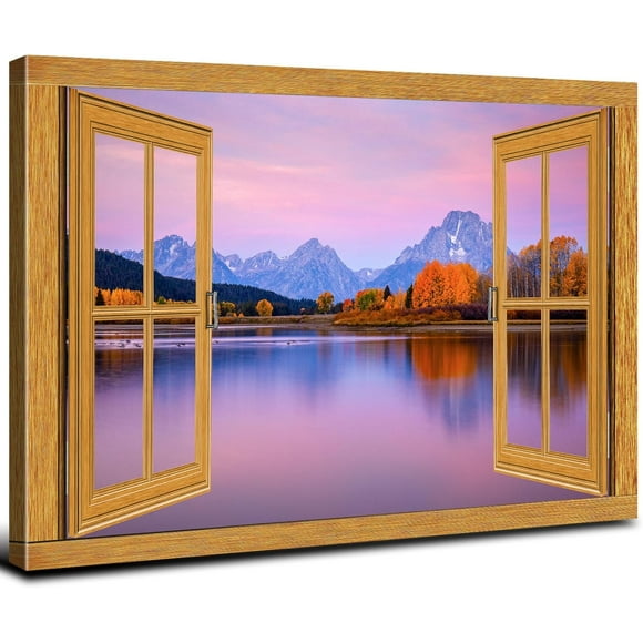 Rocky Mountain Wall Art for Living Room Fake Window Orange Forest Trees Landscape Canvas Prints Sunrise Skyline National Park Panoramic Photography Pictures Artwork Bathroom Home Decorations 12x16"