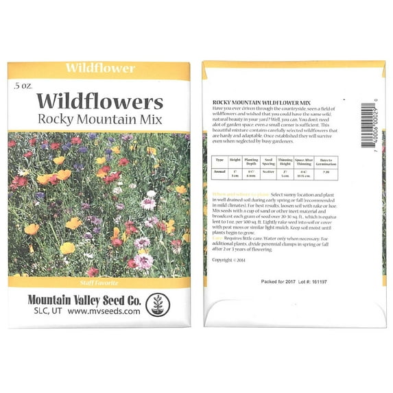 Rocky Mountain Wildflower Seed Mix - 0.5 oz Seed Packet - 22 Wild Flower Seed Varieties - Annuals, Perennials and Bi-Annuals - Flower Garden