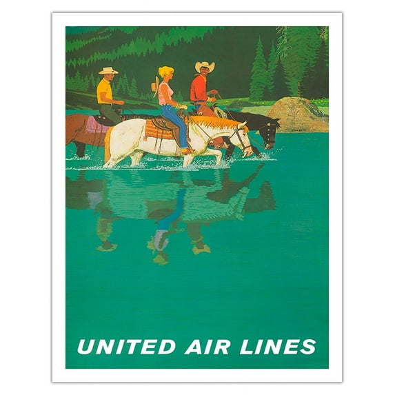 Rocky Mountains - Horseback Riders - United Air Lines - Vintage Airline Travel Poster by Stan Galli c.1960s - Fine Art Matte Paper Print (Unframed) 11x14in
