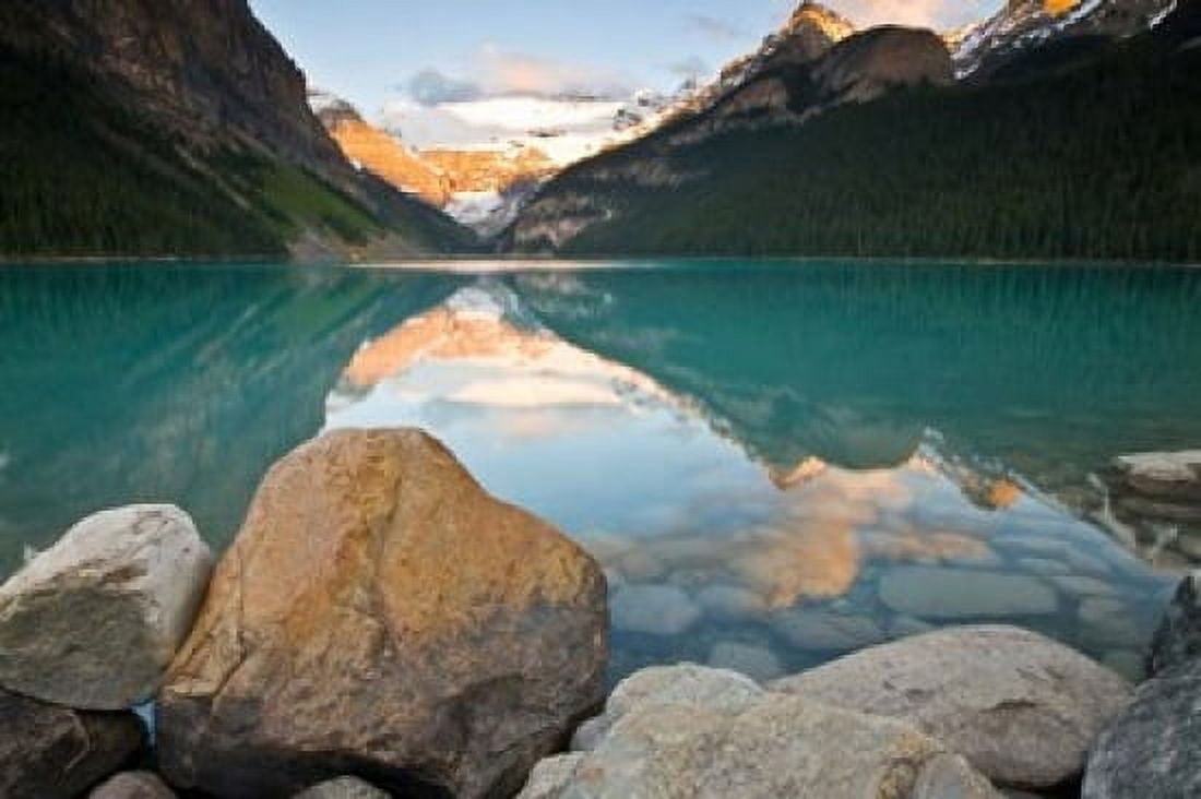 Rocky Mountains and boulders reflected in Lake Louise Banff National Park Alberta Canada Canvas Art - Larry Ditto DanitaDelimont (36 x 24)