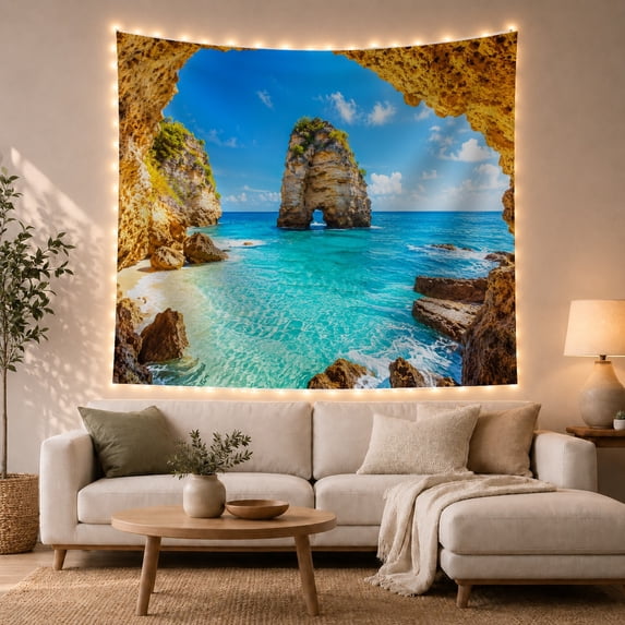 Rocky Sea Cave With Turquoise Bay, Adventurous Coastal Art for Beach Lovers, Coastal Home Decor, Housewarming Gift, Tapestry Wall Hanging for Bedroom and Living Room