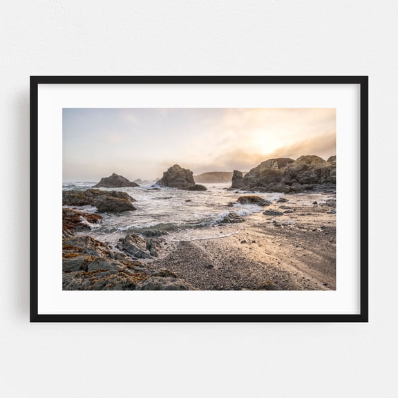 Rocky Serenity - Fort Bragg California Photography Seascape Coast Ocean Waves Sunset Beach Scenic Black Framed Wall Art Print 24 x 36 inches