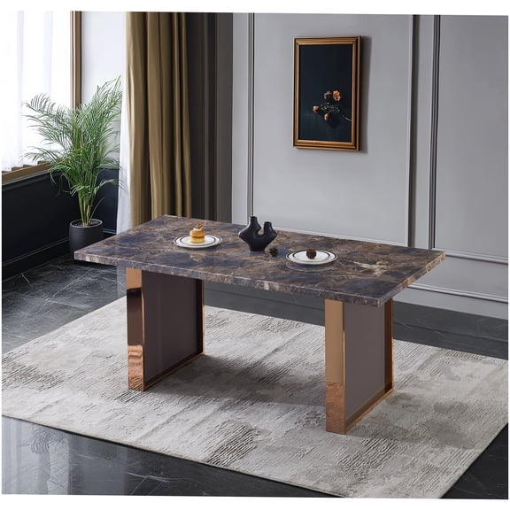 Modern Dining Table with Faux Marble Top, Stainless Steel Legs, Rectangular Shape for 8 Person Seating, Easy Clean Brown-Grey Surface