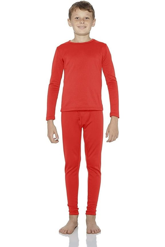 Thermal Underwear for Boys Fleece Lined Thermals Kids Base Layer Long John Set (Red - Small)