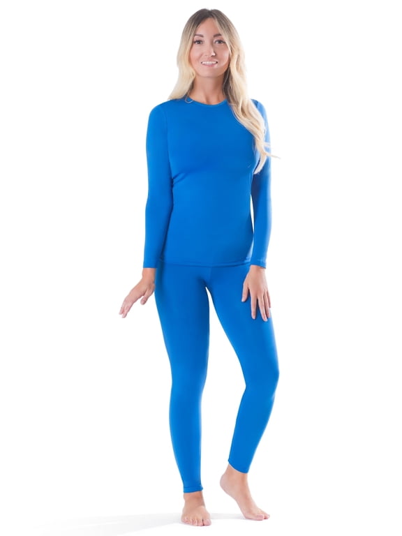 Women Thermal Top and Bottom Set Warmer Cold Weather Underwear Set, Blue Small