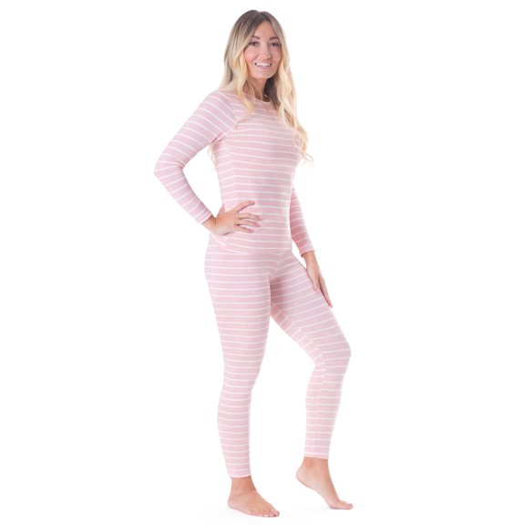 Rocky Women Thermal Top and Bottom Warmer Cold Weather Underwear Set, Pink Striped Large