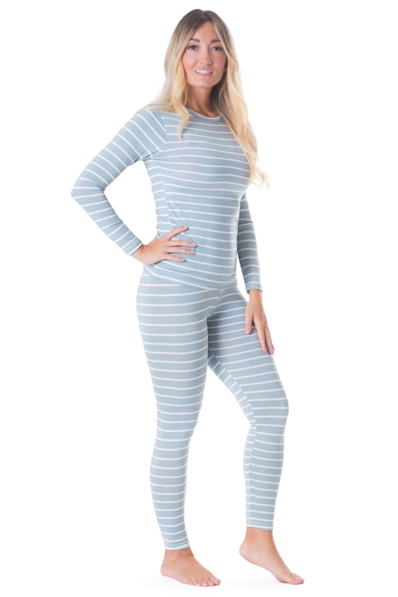 Women Thermal Top and Bottom Warmer Cold Weather Underwear Set, Seafoam Striped XL