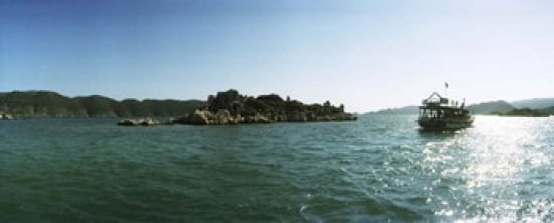 Rocky island and boat in the Mediterranean sea Sunken City Kekova Antalya Province Turkey Canvas Art - Panoramic Images (15 x 6)