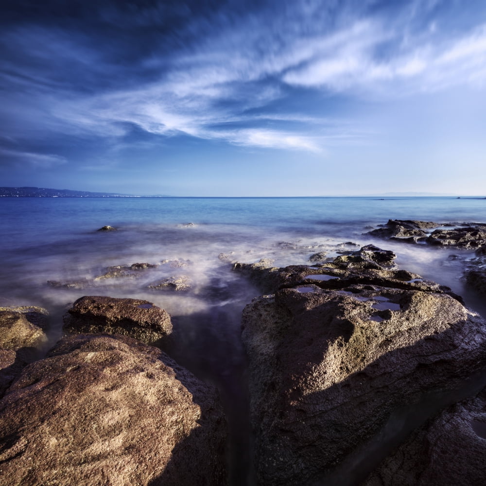Rocky shore and tranquil sea Portoscuso Sardinia Italy Canvas Art - Evgeny KuklevStocktrek Images (29 x 29)