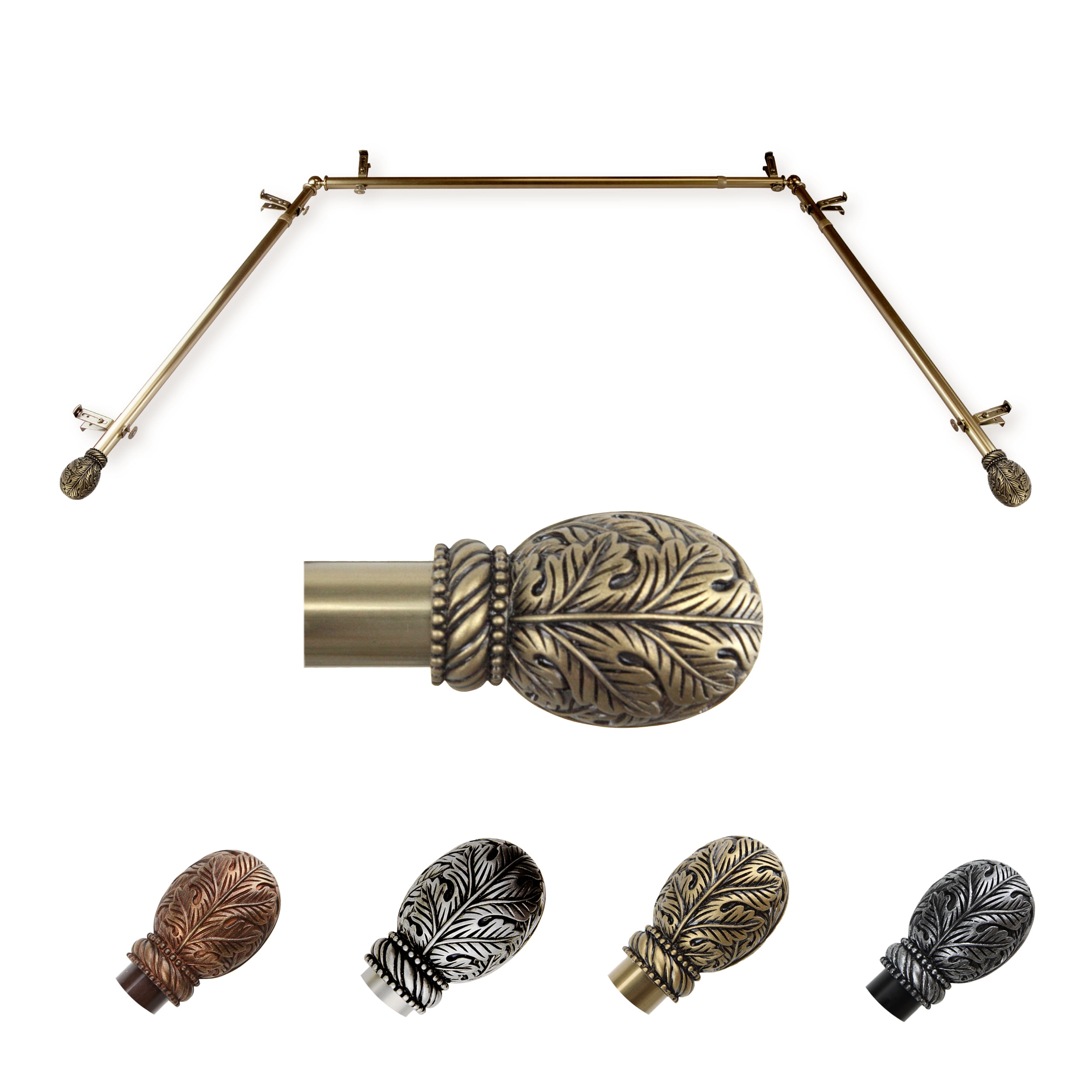 Rococo 13/16" Bay Window curtain rod 20"-36", 38"-72" - Antique Brass