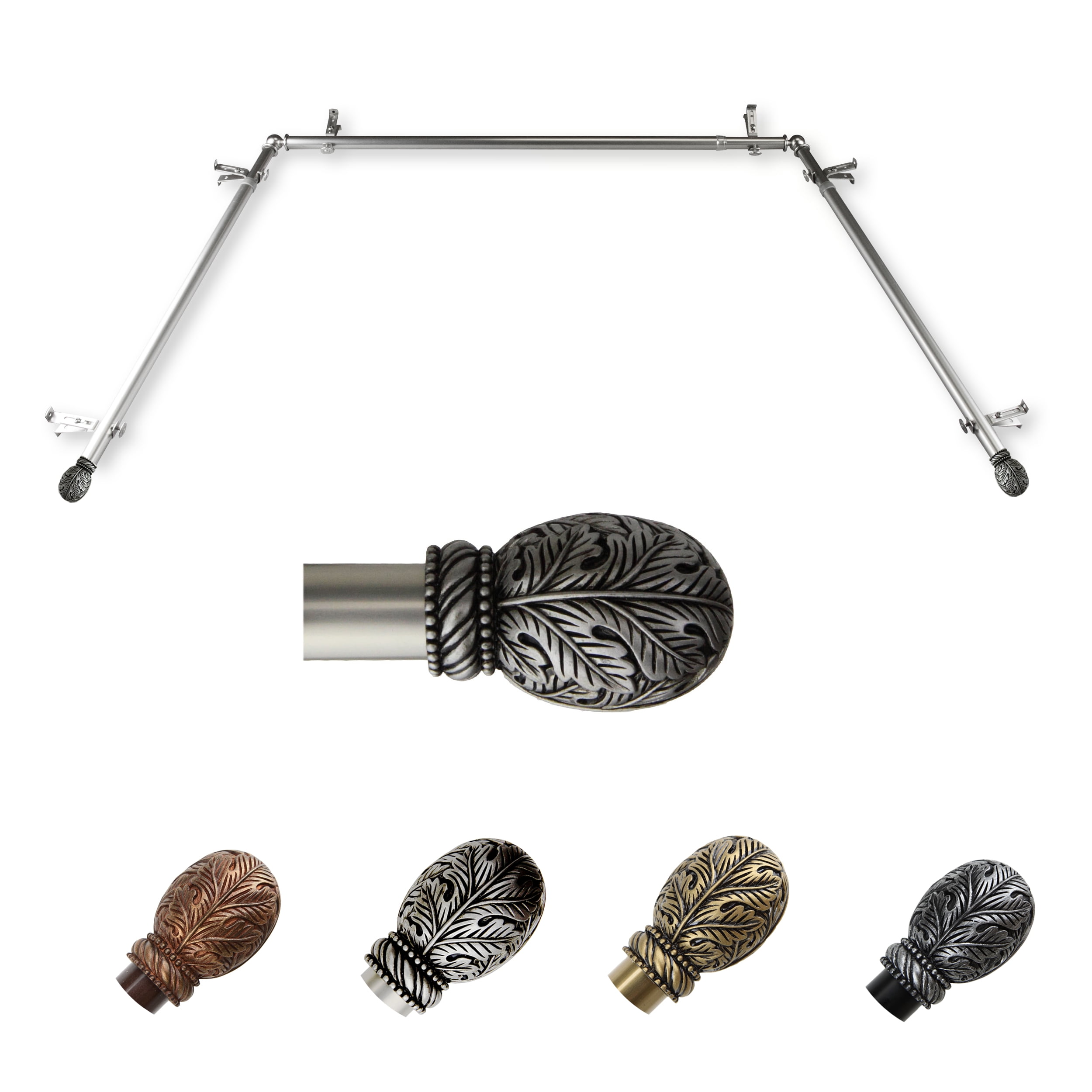 Rococo 13/16" Bay Window curtain rod 20"-36", 38"-72" - Satin Nickel