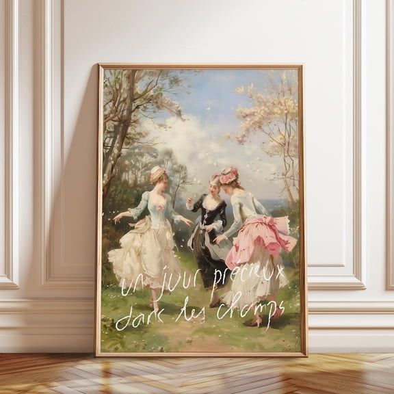 Rococo Fashion Three Women Dancing French Script Overlay Wall Art Print, Unframed Paper Poster 8x10in