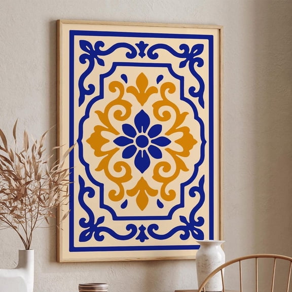 Rococo Floral Blue Yellow French Baroque Decor Poster, Unframed Canvas 8x10in