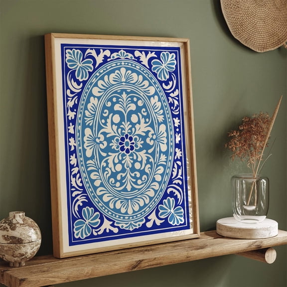 Rococo Floral Elegant Blue And White Baroque Art Unframed Paper Print