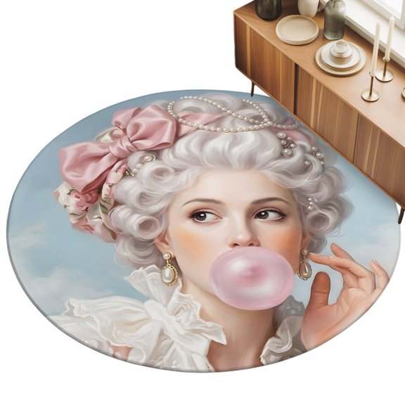 Rococo Hair Woman Area Rugs 3.3' (Round) Portrait Bubblegum Fashion Retro Woman Floor Rug Non Slip Low Pile Ultra Soft Throw Carpet for Entryway Indoor Entrance Kitchen Bathroom