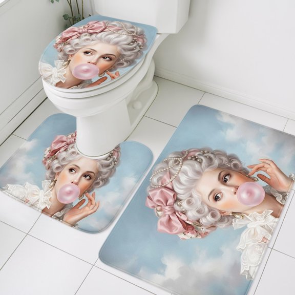 Rococo Hair Woman Bathroom Rugs Set Portrait Bubblegum Fashion Retro Woman Non Slip Absorbent Soft Bath Mats 3 Piece Set with Bathroom Rug, U-Shaped Floor Mat, Toilet Seat Cover Small Size